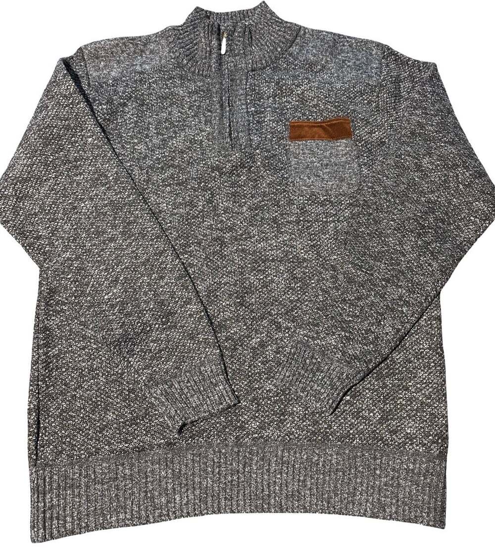 Manfinity Men’s L Quarter Zip Sweater Gray Marled Knit Brown Pocket Pullover